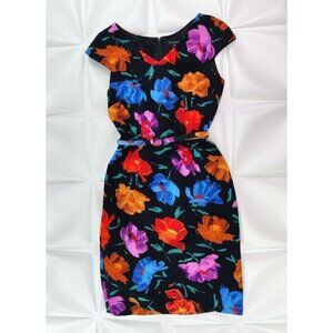 RARE David Meister Sz 10 Black Colorful Floral Belted Sheath Pencil Dress V Neck